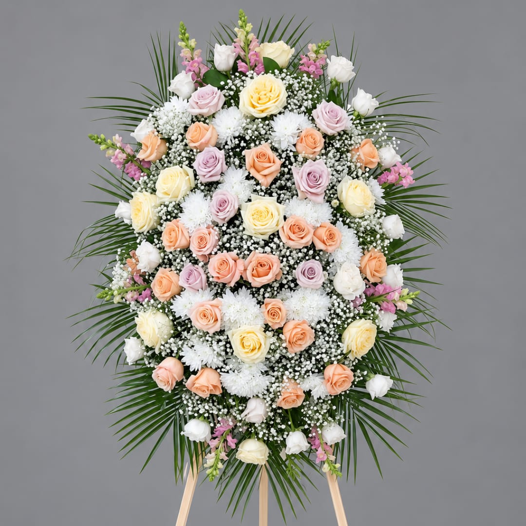 Pastel rose and chrysanthemum standing spray on a wooden easel