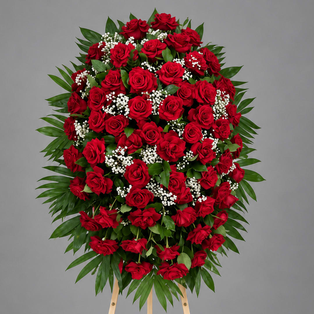 Standing spray of red roses with white baby's breath on an easel