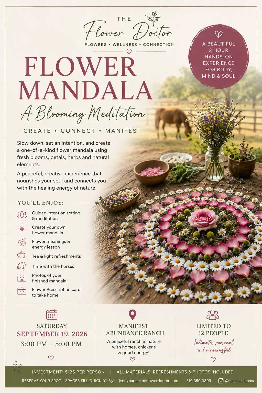 Poster for a flower mandala workshop with a floral circle on a table