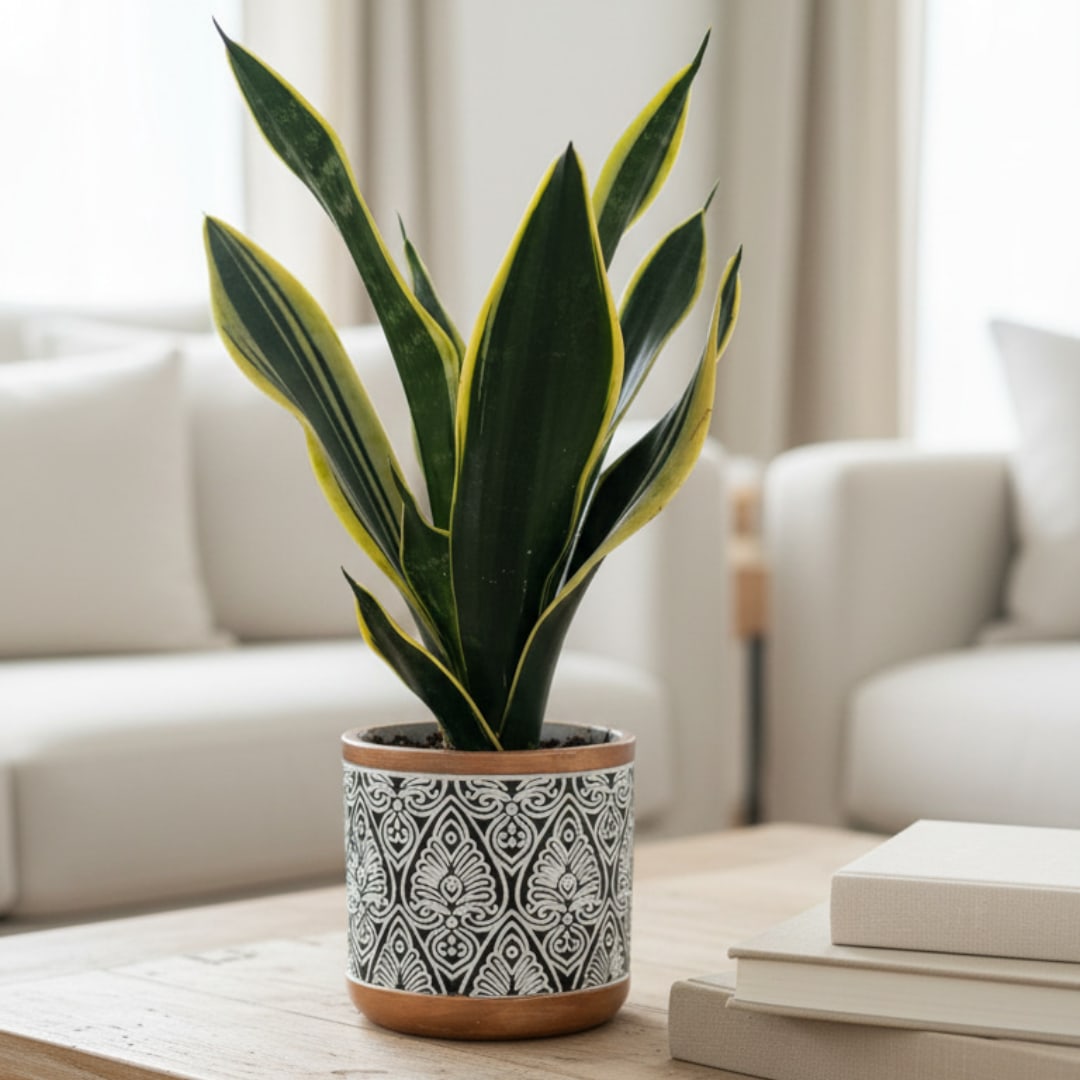 Potted snake plant in a patterned ceramic planter on a table