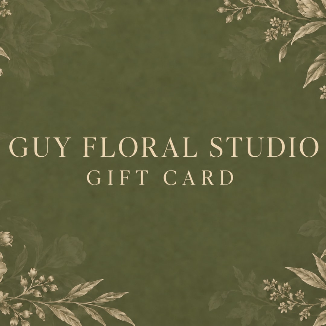 Green floral studio gift card with decorative botanical border