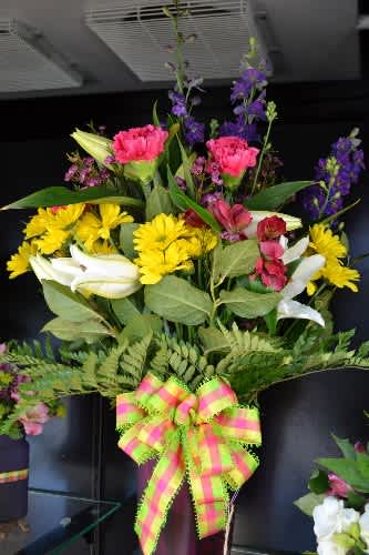 Thoughts of you - Yellow poms, Carnations, Alstro, Delphinium, waxflower, white lily and more