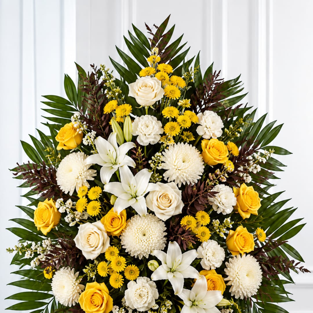Yellow and white floral arrangement with roses, lilies, and mums