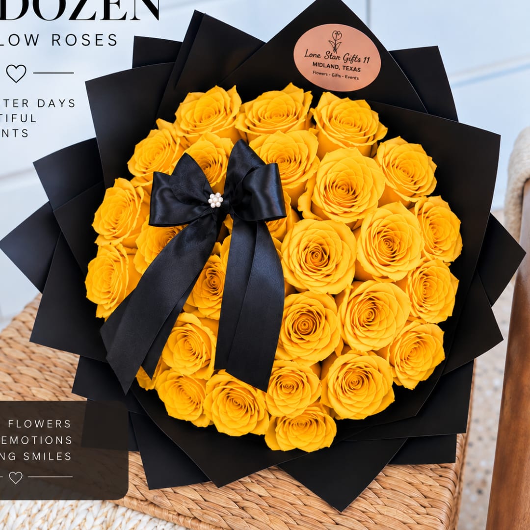 Yellow rose bouquet wrapped in black paper with a black ribbon