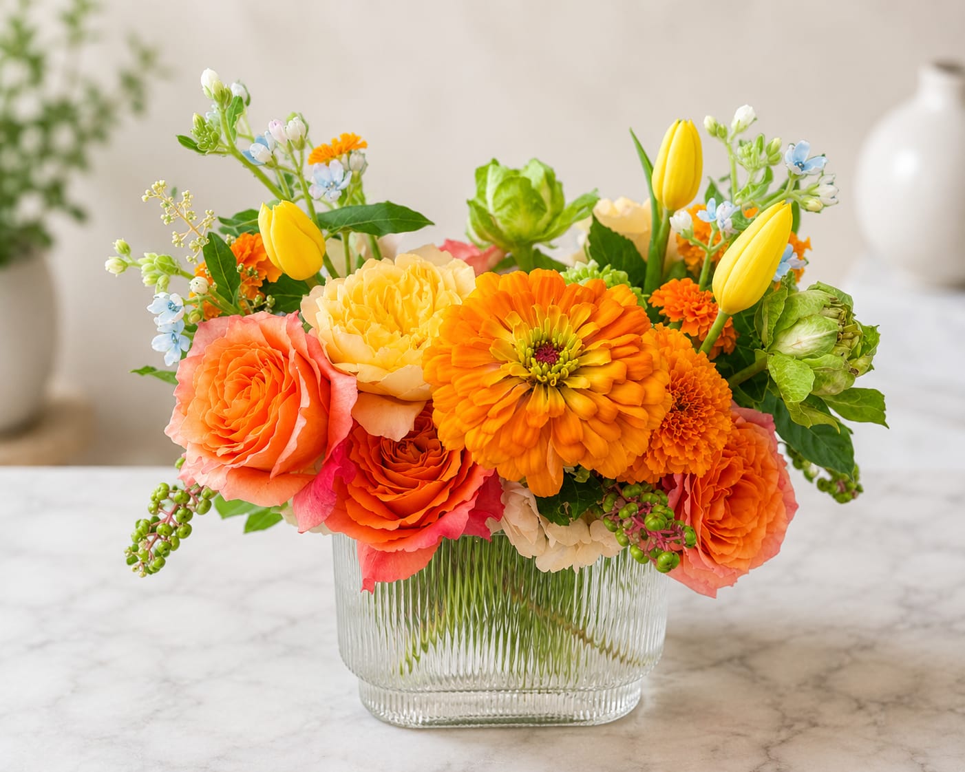 The Valencia  - Our floral artisans thoughtfully design each arrangement using premium seasonal blooms and locally sourced botanicals whenever possible. Due to availability, substitutions may occur, but we will always preserve the color palette, style, and overall beauty of the design using flowers and vessels of equal or greater value. Every arrangement is uniquely created, ensuring a one-of-a-kind floral experience.
