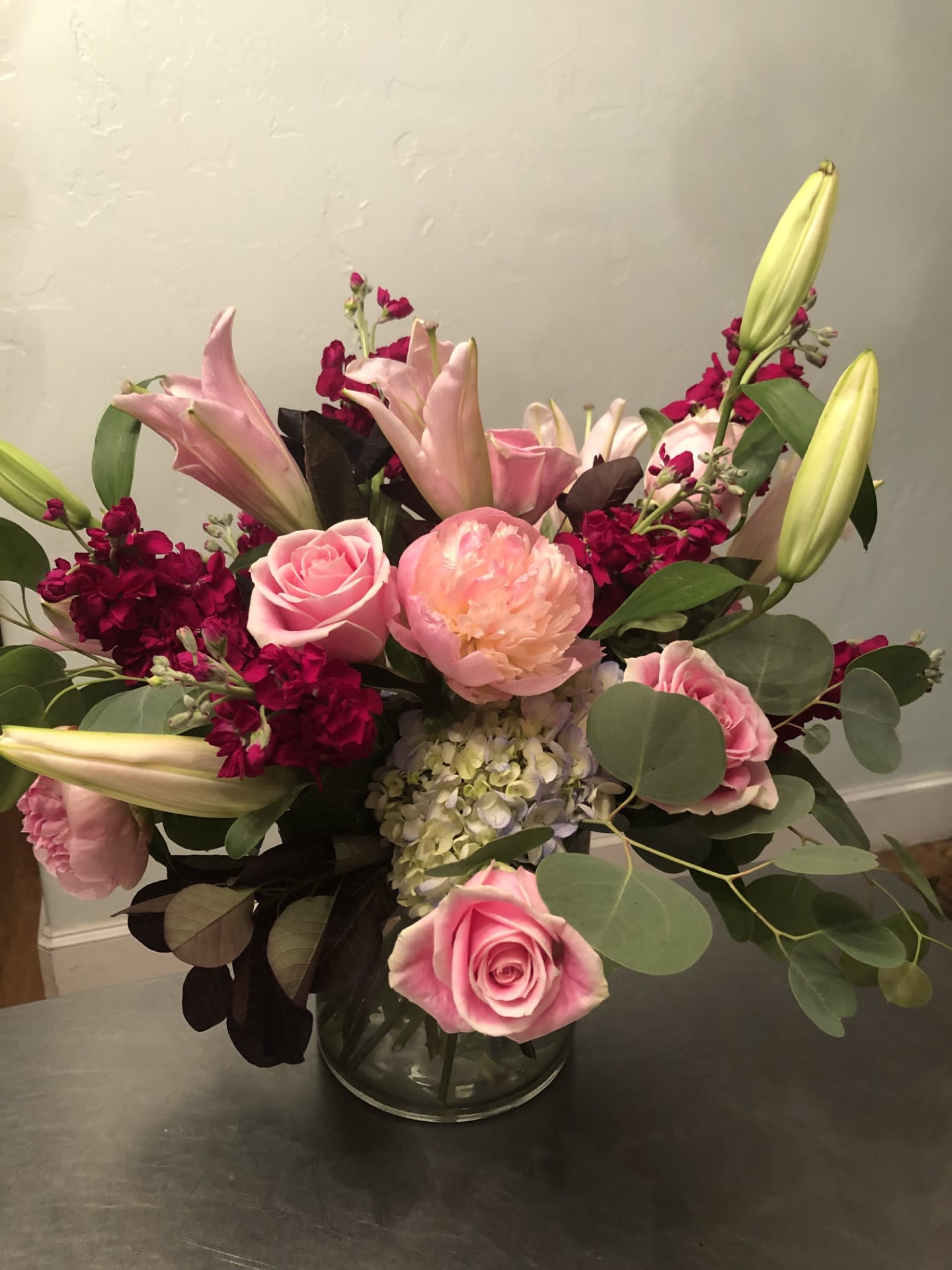 Roses &amp; Lilies &amp; Stock &amp; Hydrangea Plus More - Lots of pinks, whites, burgundy and eucalyptus greens