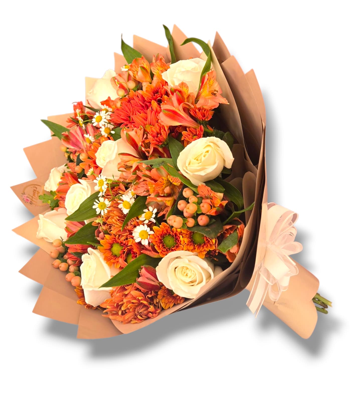 Bouquet of orange and cream flowers wrapped in brown paper with a ribbon