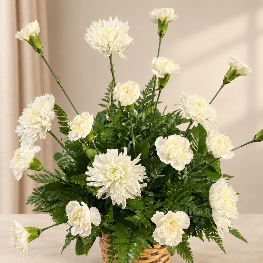 White carnations and chrysanthemums arranged in a wicker basket