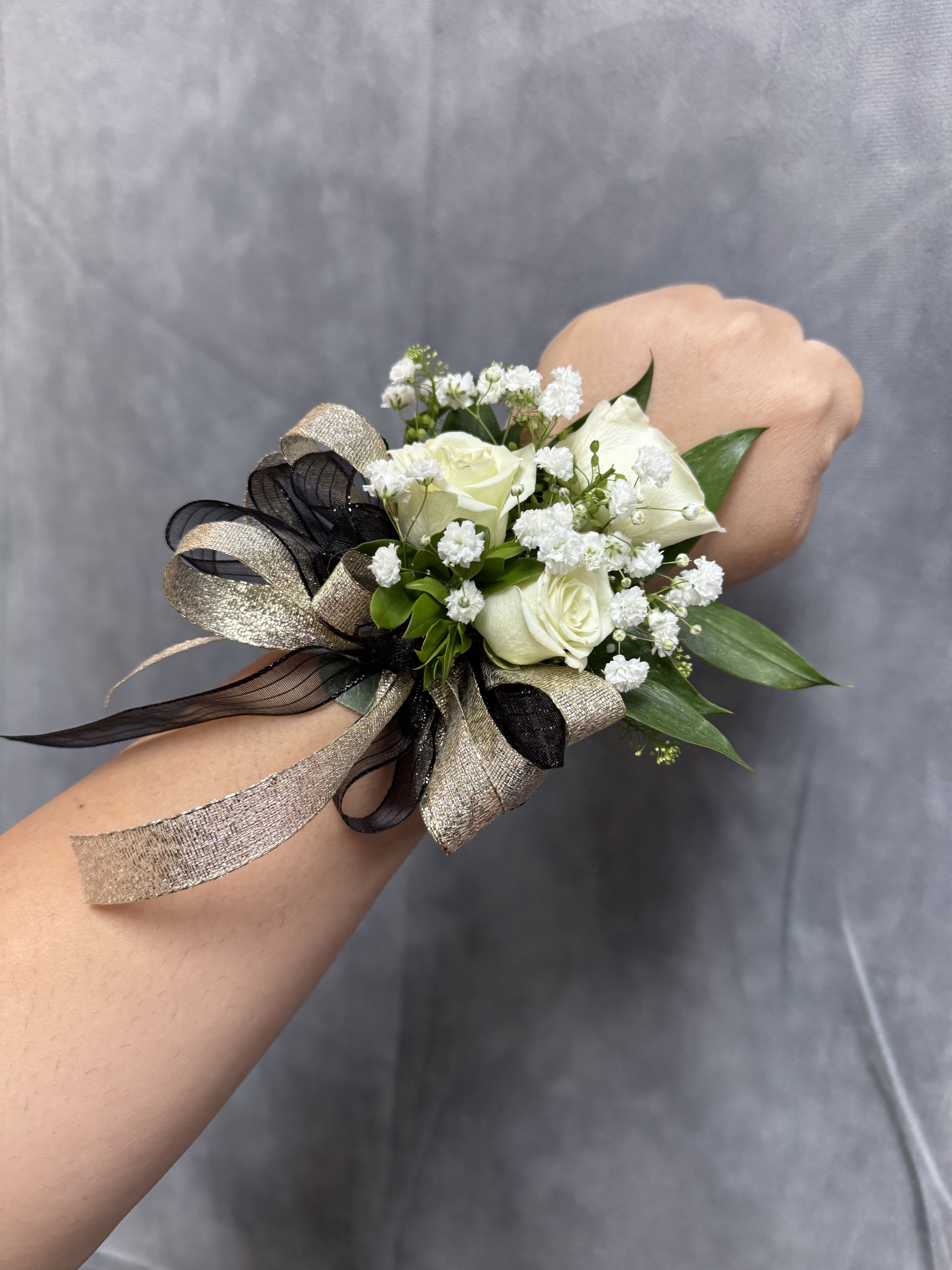 Black Gold White spray roses wrist corsage  - White spray roses with gold &amp; black ribbon wrist corsage with pearl bracelet 
