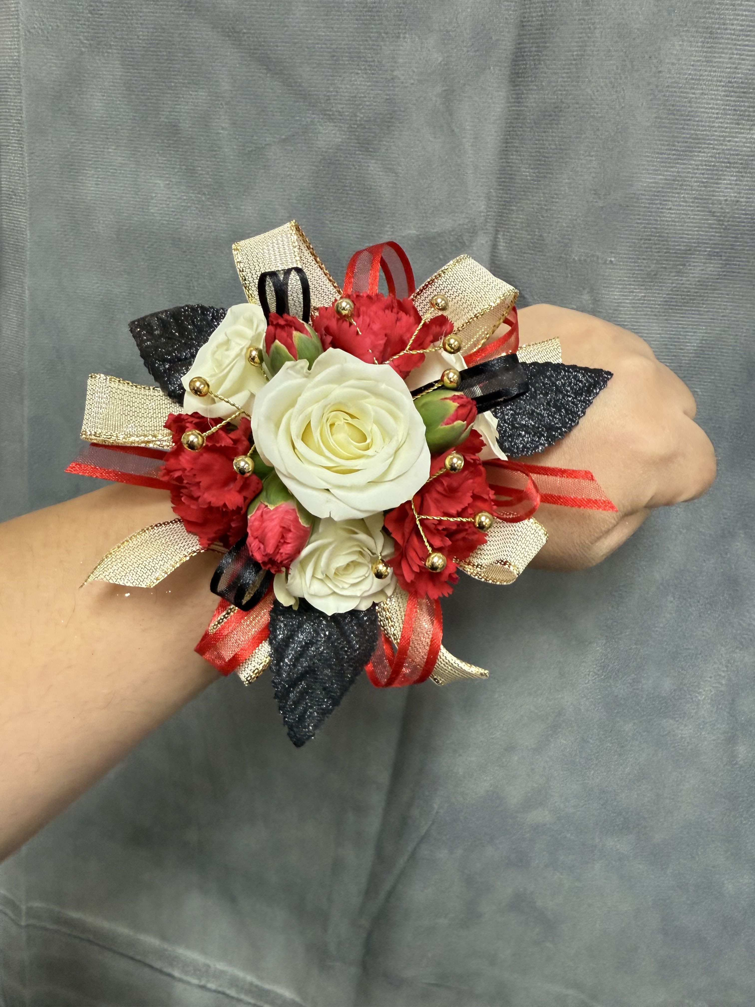 Red Gold Black White Spray Roses Corsage  - White spray roses and mini red carnation with gold , black ribbon and gold &amp; black accents with pearl bracelet 