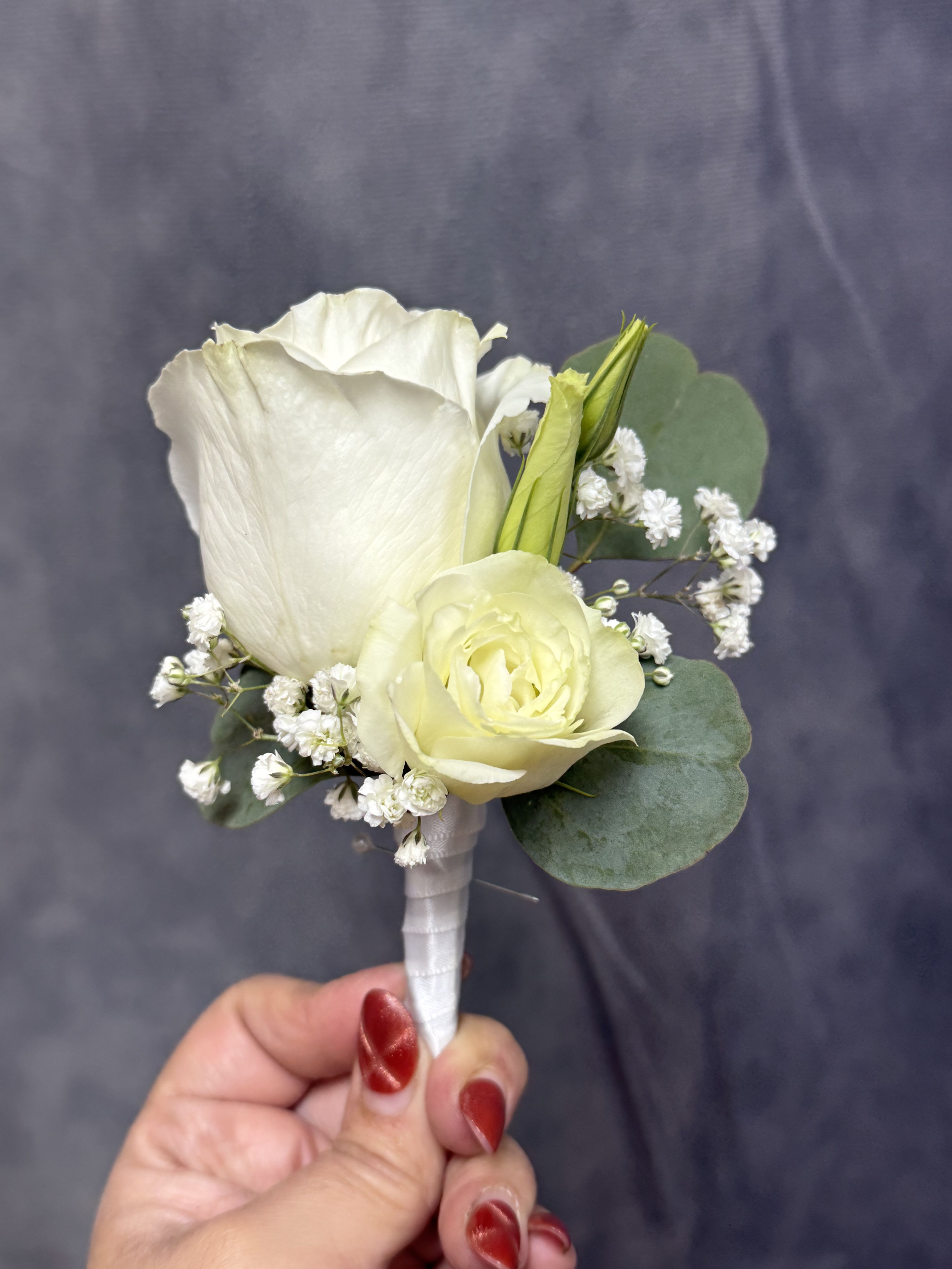 White rose lisianthus boutonnière  - White rose and lisianthus boutonnière beautifully wrapped. Color of the ribbon can be customized upon request 