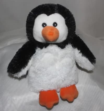 Plush penguin toy with black, white, and orange coloring