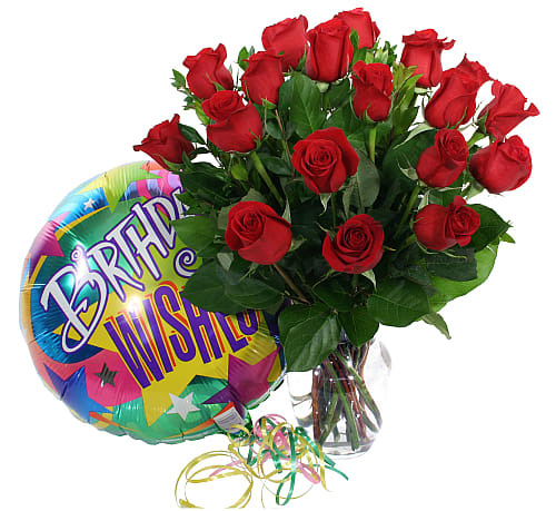 Birthday Celebrate roses arrangement  - Celebrate in style with this abundant vase arrangement of 18 beautiful red roses, accompanied by a festive mylar birthday balloon. 