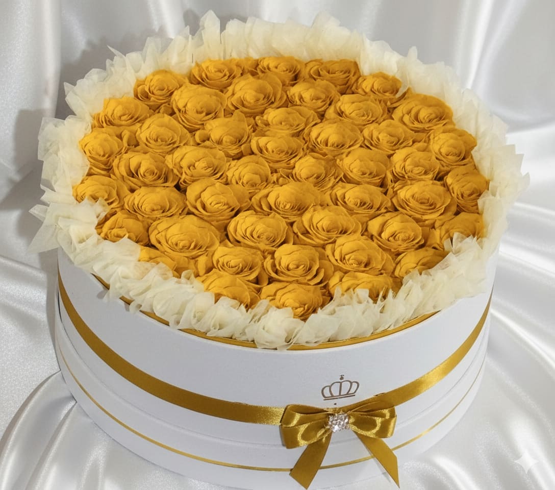 Eternal Golden Yellow Grand Signature Round – 50 Preserved Roses Luxury Box - Our Eternal Golden Yellow Grand Signature Round – 50 Preserved Roses Luxury Box showcases fifty premium golden yellow preserved roses meticulously arranged in a grand luxury round box with refined gold detailing and satin ribbon accents.  The rich golden yellow tone represents joy, prosperity, confidence, and celebration, making this arrangement perfect for birthdays, congratulations gifts, milestone moments, grand openings, and uplifting surprises.  Unlike fresh flowers, preserved roses maintain their natural beauty for months — even years — with proper care, offering a long-lasting and luxurious floral statement.  Its generous size and radiant color create an eye-catching centerpiece designed to stand out with elegance and confidence. 