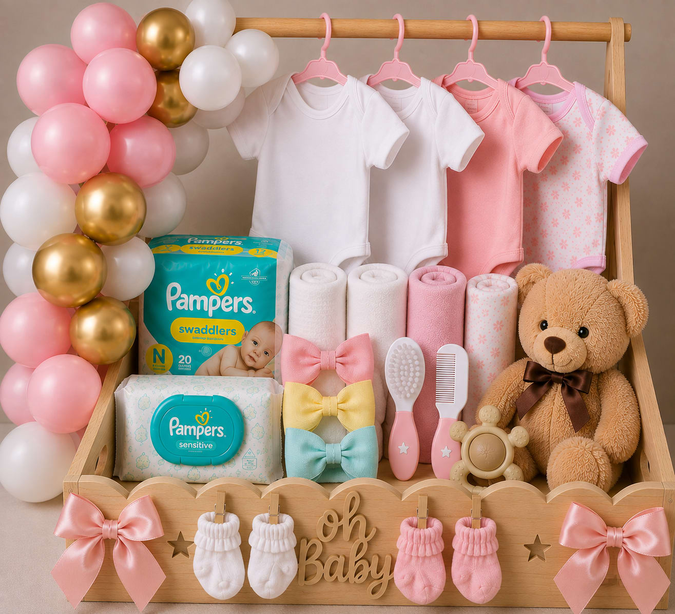 Baby gift basket with balloons, onesies, diapers, and a teddy bear