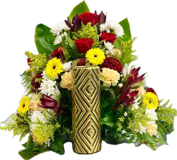 Cremation Floral Arrangement (Urn ) - Cremation Floral Arrangement is made with red and yellow assorted flowers with red Rosas, yellow gerbers, safari sunset, white daises, peach or yellow carnations and red mums, solidago and greenery.