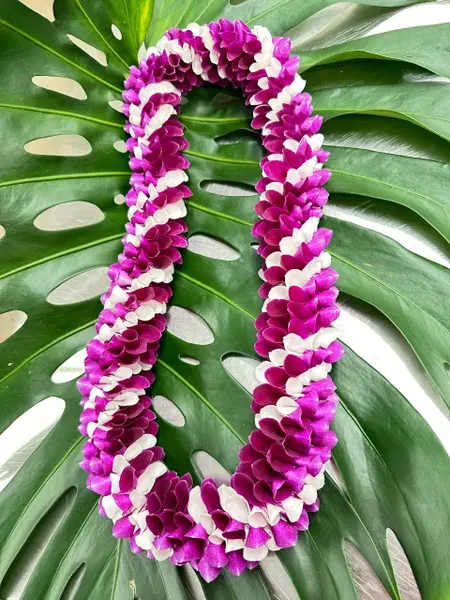 Purple and white flower lei on large tropical leaves