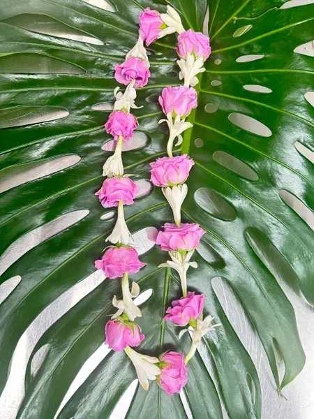 Pink flower garlands laid over large split monstera leaves