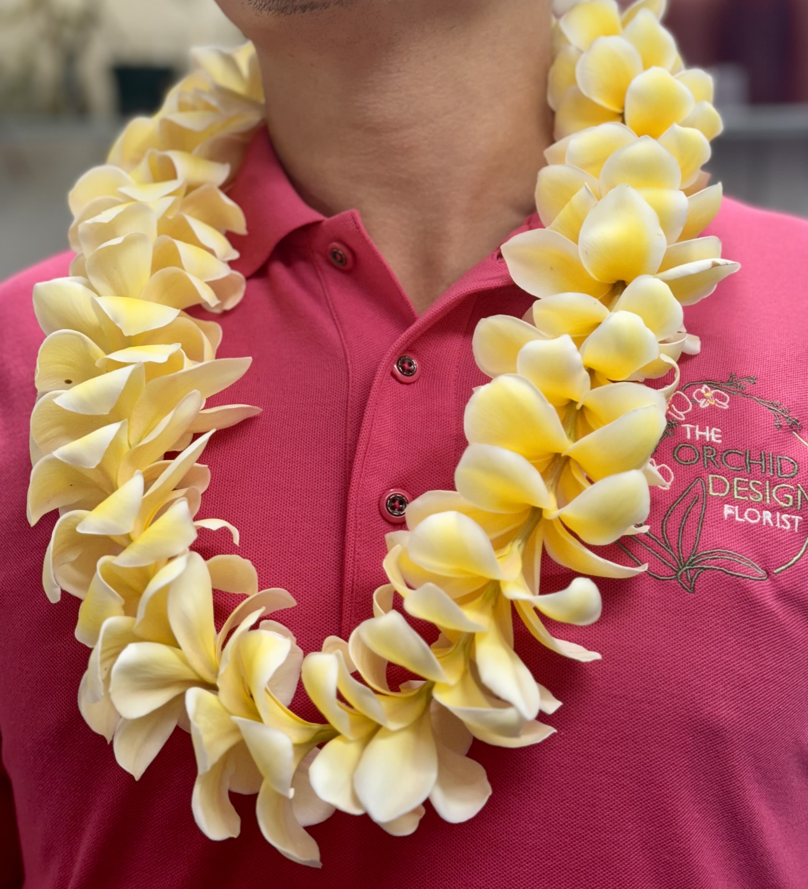 Yellow flower lei around a person wearing a pink polo shirt
