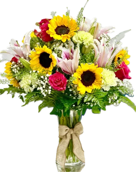 Sunflower Garden Bouquet - The Sunflower Garden Bouquet is made with sunflowers, stargazers lilies, carnations, roses, on a gathering clear vase. dimension approximately 20" H x 13' W 