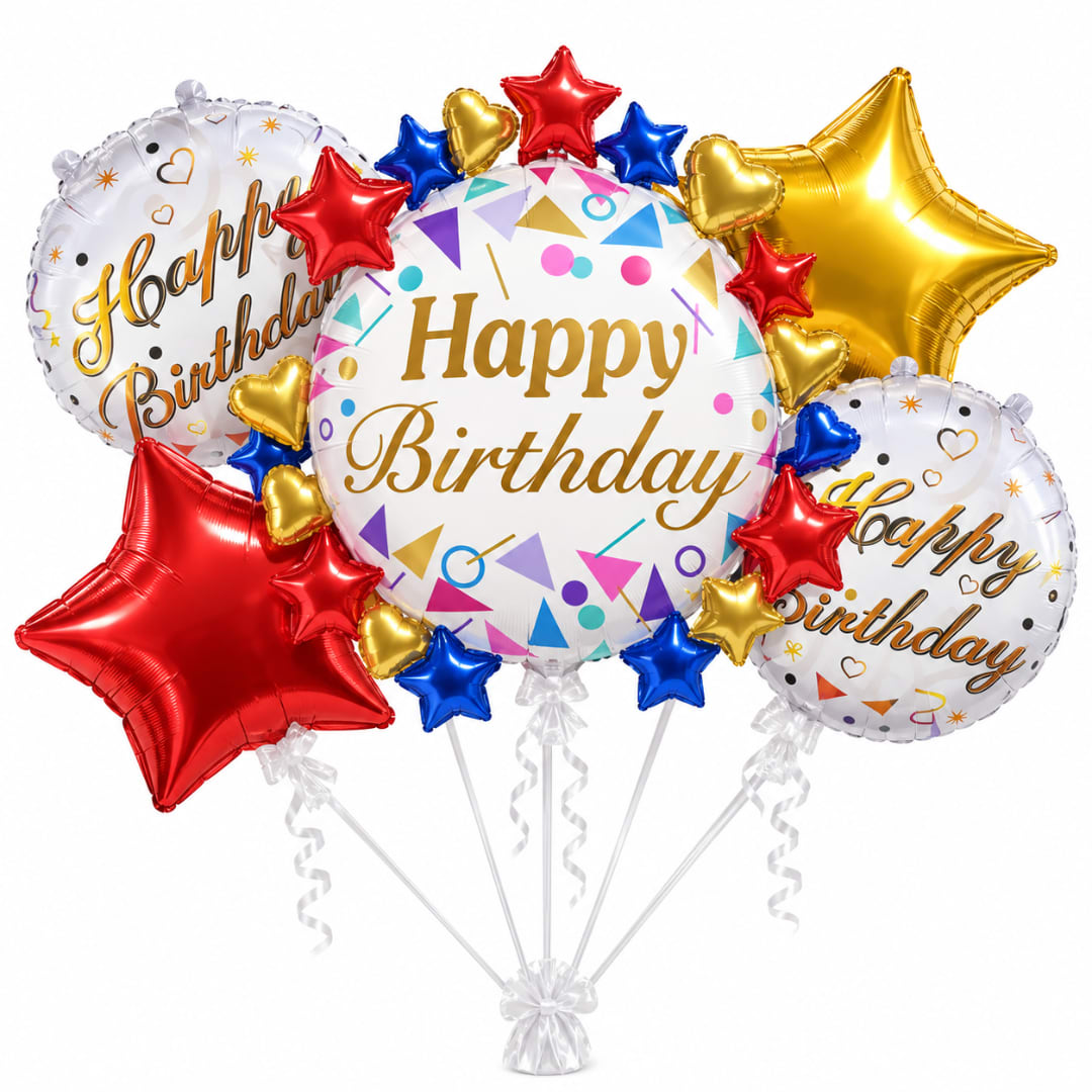Birthday balloon bouquet with gold, red, blue, and white star balloons