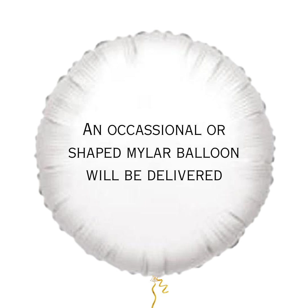 White round mylar balloon with printed text