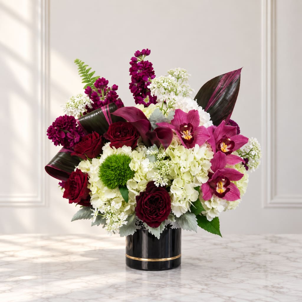 Bouquet of burgundy and pink flowers in a black vase