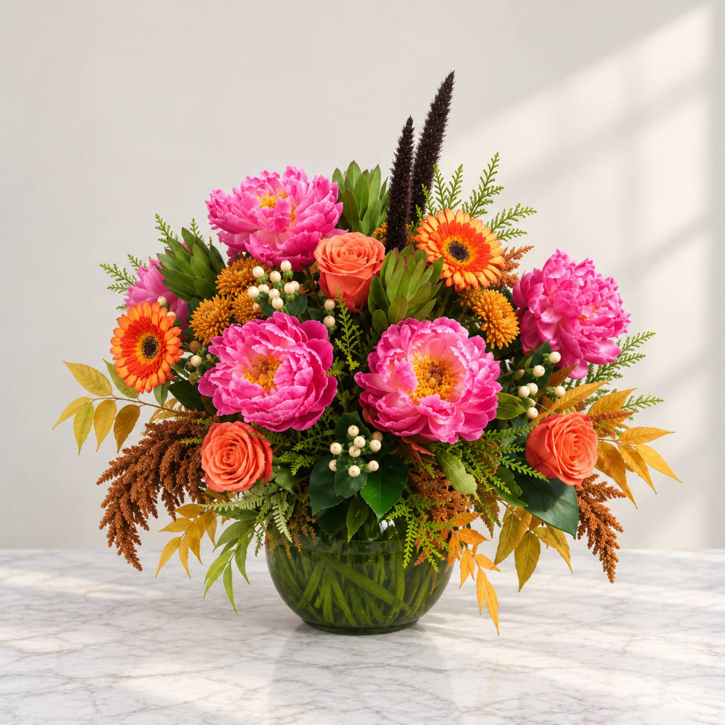 Bright mixed bouquet in a glass vase with pink blooms and orange flowers