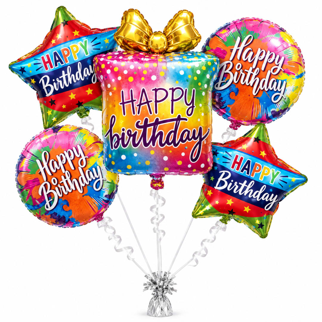 Cluster of colorful Happy Birthday balloons with a metallic base