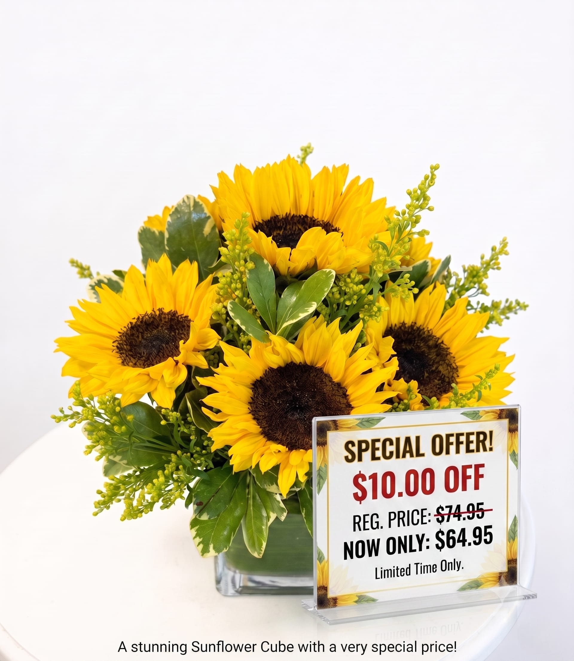 Ray of Sunshine Bouquet - Whether it's raining or the sun is shining our Ray of Sunshine Bouquet will brighten the day for any occasion. Featuring our beautiful sunflowers expertly arranged in a clear glass cube.