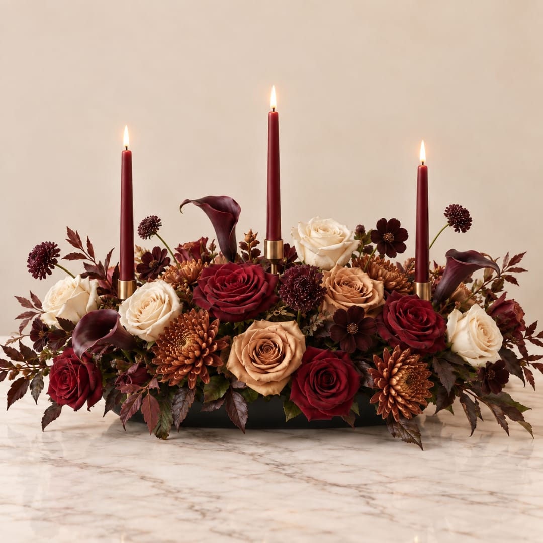 Low floral centerpiece with roses, calla lilies, and lit burgundy candles