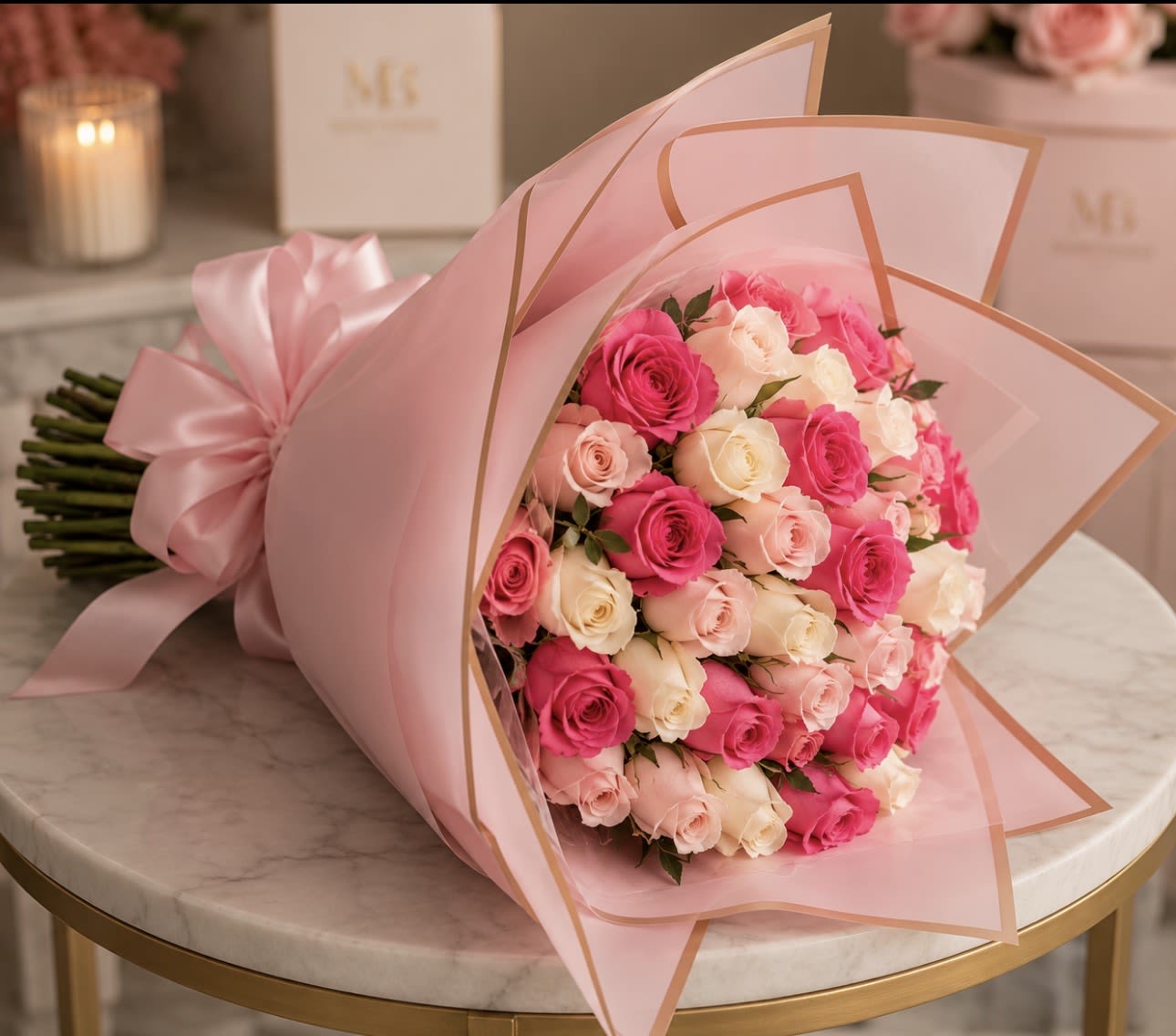 Wrapped  Pink - Every arrangement is handcrafted just for you. We carefully select the freshest flowers available each day. Occasionally, substitutions may be necessary due to seasonal or market availability, but we always replace them with flowers of equal or greater value in the same color palette and style. Your arrangement will always be beautiful, fresh, and thoughtfully designed.  