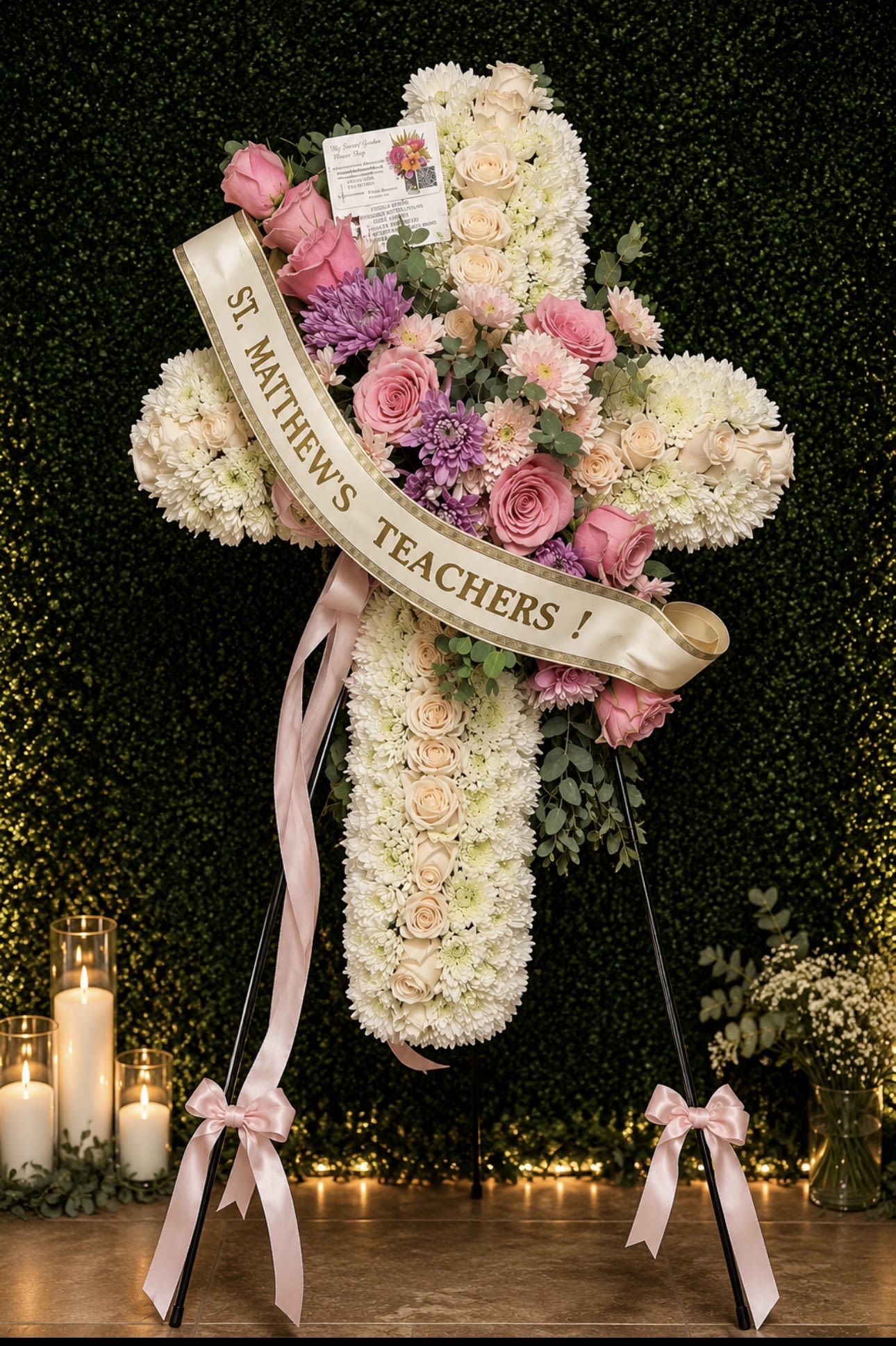 ELEGANT CROSS - Every arrangement is handcrafted just for you. We carefully select the freshest flowers available each day. Occasionally, substitutions may be necessary due to seasonal or market availability, but we always replace them with flowers of equal or greater value in the same color palette and style. Your arrangement will always be beautiful, fresh, and thoughtfully designed.  