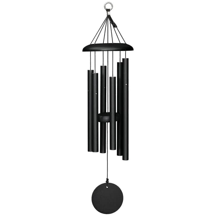 Black metal wind chime with hanging tubes and a round striker
