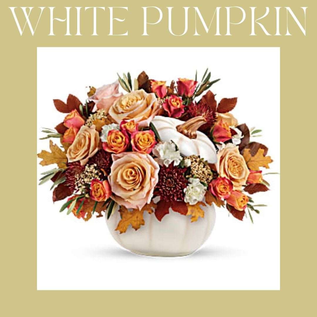 White Pumpkin Designer's Choice Arrangement - Send a bit of fall love with this designer's choice bouquet arranged in this adorable white ceramic pumpkin. Allowing our experienced staff to choose the day's freshest blossoms and seasonal textures ensures that only the highest quality florals are sent out on your behalf. For special requests, please call us direct at 207-854-2518. 