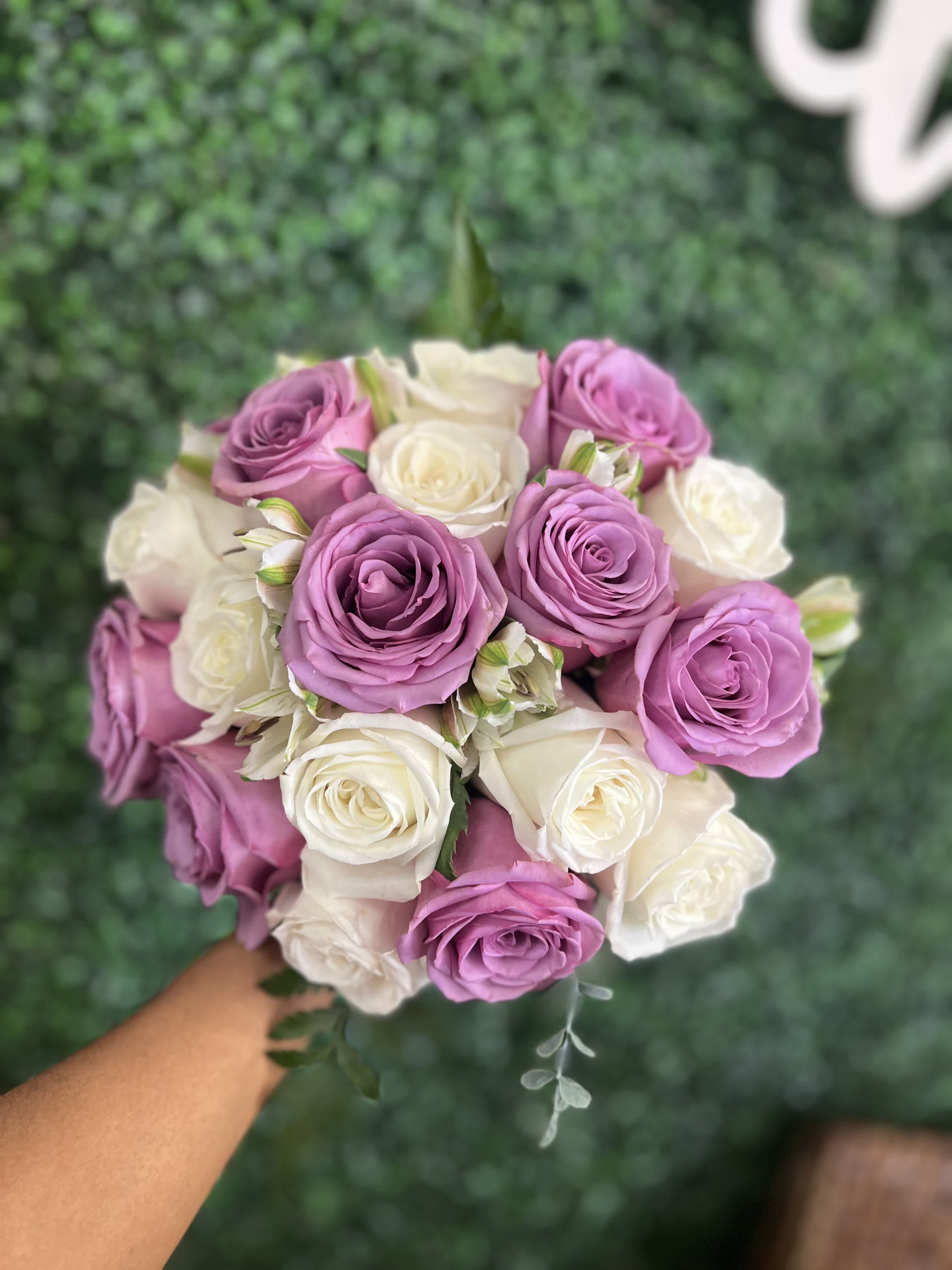 Bouquet of lavender and white roses held in hand