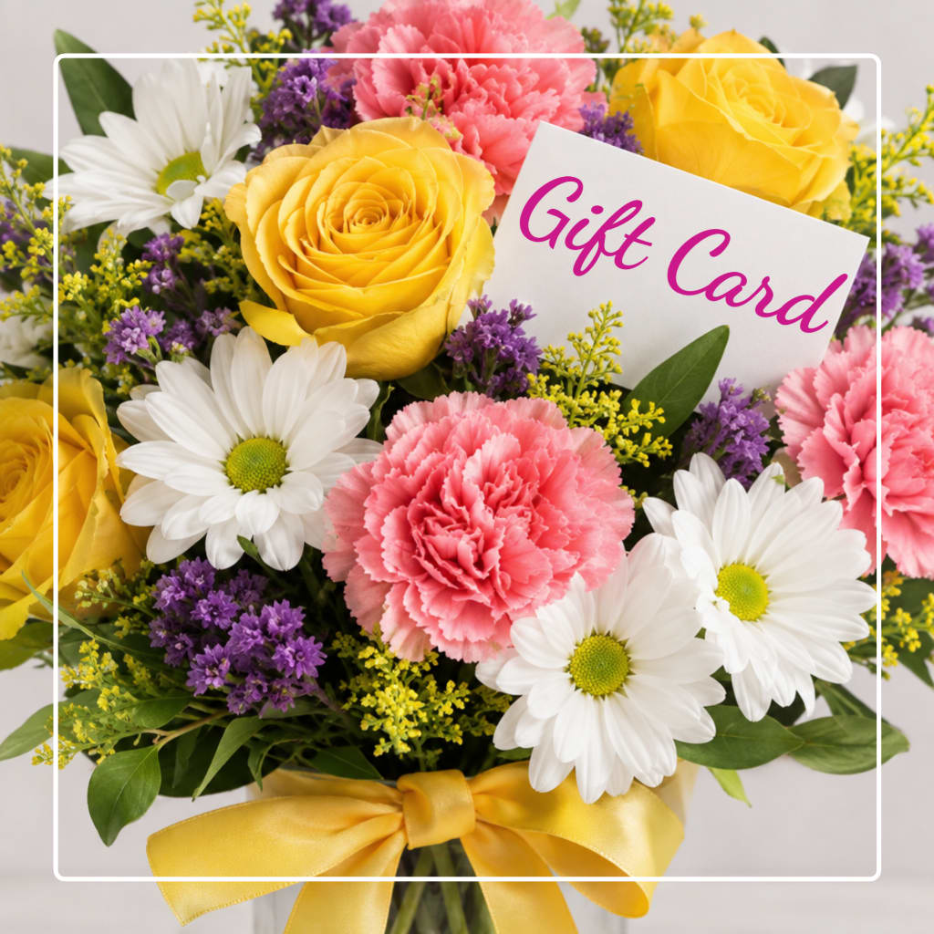 Gift card displayed in a bouquet of yellow roses, pink carnations, and white daisies.