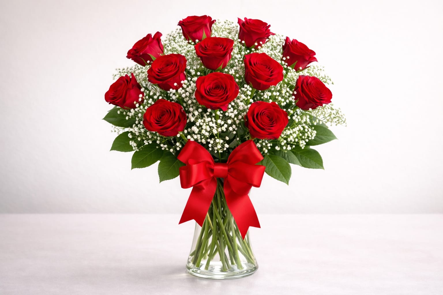 Red Roses - Our premium long stem red roses are an elegant surprise for the one you can trust, the one you can turn to, the one you love with all your heart. Beautifully arranged by our expert designers with lush greenery inside a classic glass vase, with babies breath.