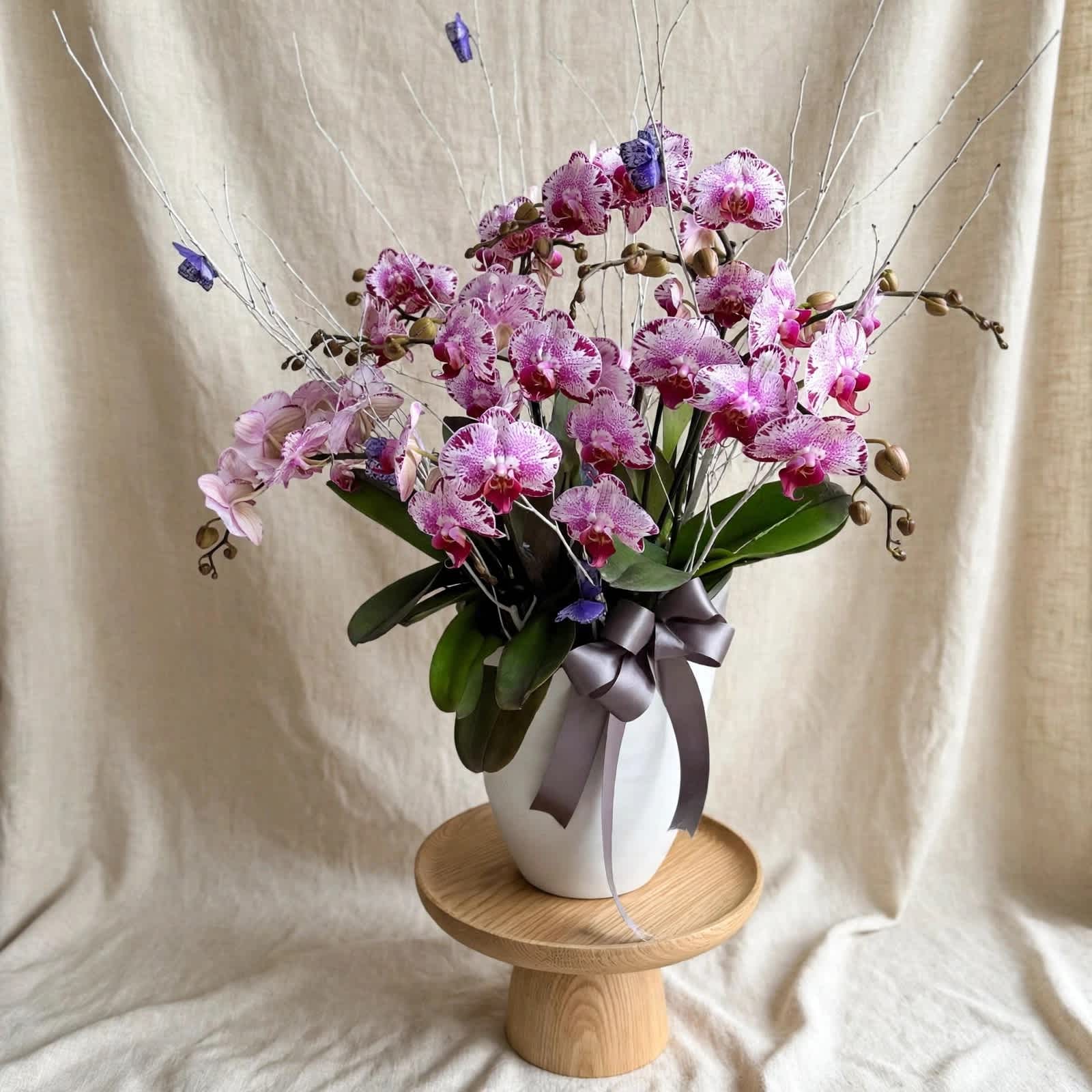 Pink orchids in a white vase with a gray ribbon