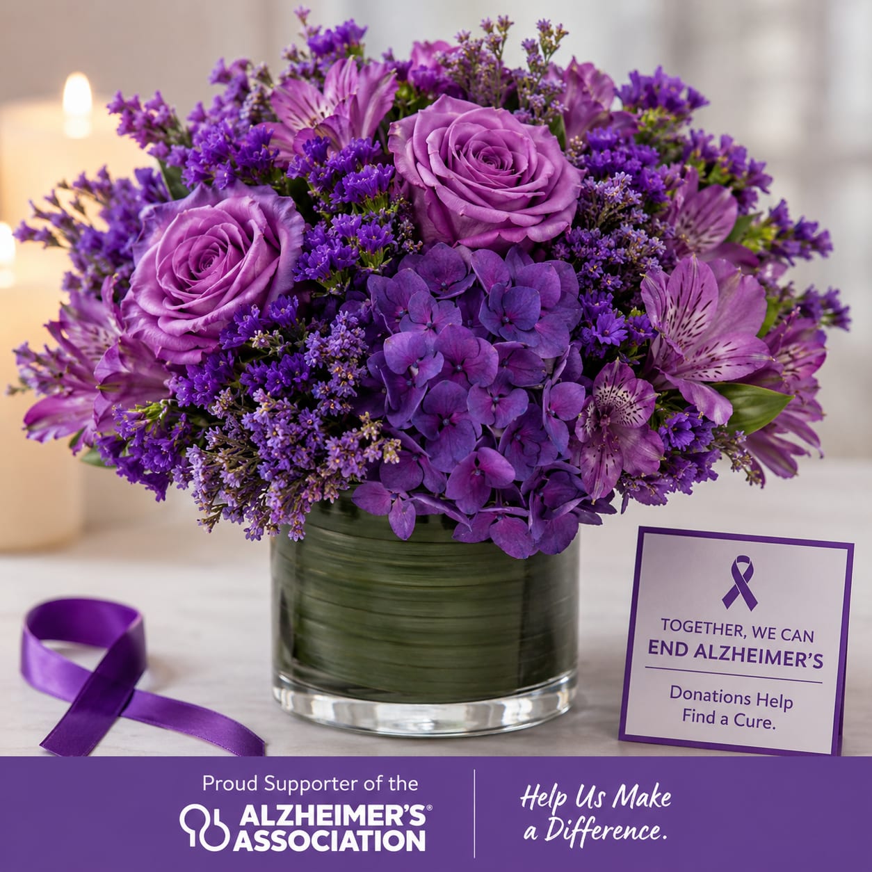 Purple floral arrangement in a glass vase with an Alzheimer’s awareness card and ribbon