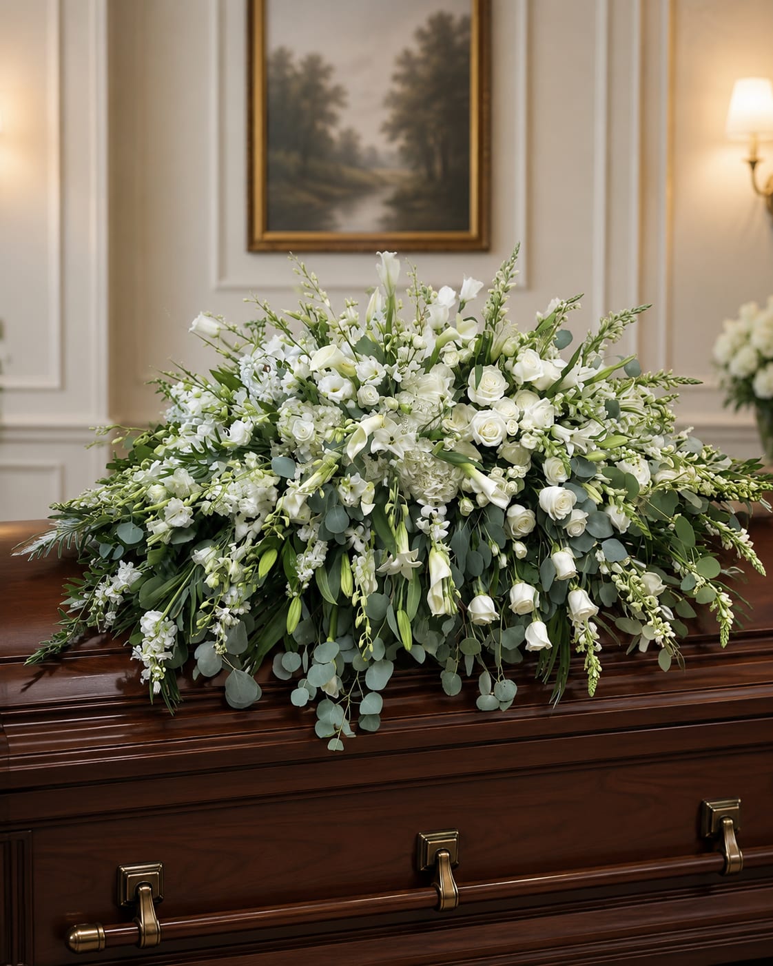 Cloud of White Casket Piece  - A cloud of pure white blooms draped across the casket creates a serene, reverent presence that comforts and honors - a white casket piece for sympathy and funeral services that speaks with quiet grace. The elongated, horizontal oval shape and gentle cascading edges let the arrangement sit naturally atop a casket while drawing the eye along its soft, flowing silhouette, offering a peaceful focal point for a memorial service.  Densely packed white roses are the centerpiece, surrounded by tall snapdragons, fragrant stock, and complementary white seasonal flowers and greenery that add texture and subtle movement. The design's low profile and trailing elements create a refined cascade without obscuring the casket's lines; shades of pure white and soft green foliage keep the look formal and understated. Exact flower varieties may vary seasonally to preserve freshness while maintaining the same all-white palette and elegant composition.  Made to convey sympathy and respect, this arrangement is an appropriate tribute for family members, close friends, or colleagues who deserve a dignified farewell. For ordering, please provide service details so we can coordinate delivery and placement; care is handled by our florists to ensure the piece arrives fresh and beautifully arranged for the ceremony.