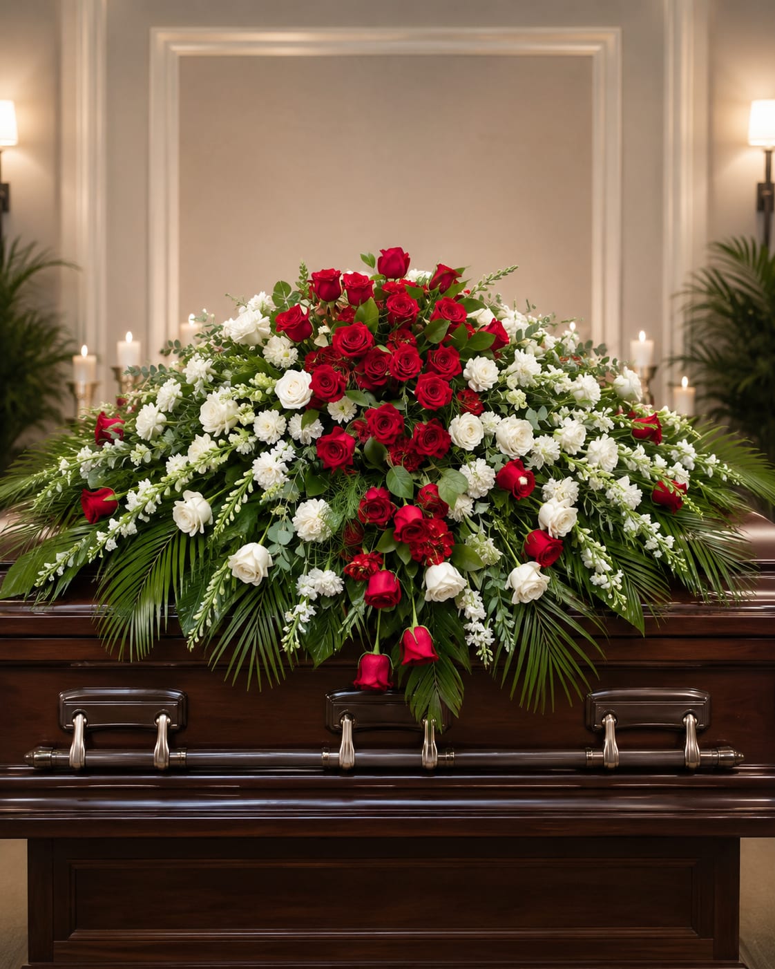 Our Heart Breaks Casket Piece  - A dense cluster of deep red roses forms the emotional heart of this casket spray, the perfect sympathy flower arrangement to express love and reverence at a funeral or memorial service. The low, elongated shape reads clearly as a casket piece, and the strong contrast between the rich red center and the soft halo of white blooms sends a message of heartfelt sorrow and respect for the person you're honoring.  White carnations and chrysanthemums mingle with the roses and other seasonal white flowers, creating a soft, textural halo around the red focal area. Broad green foliage extends the design horizontally, emphasizing its traditional casket-style silhouette and lending a formal, balanced profile. The arrangement sits low and long to drape gently along the lid, combining classic funeral florals and colors-red, white, and green-for a timeless, dignified presentation.  Designed to comfort the grieving and honor a life well loved, this piece is intended for memorial services where you want the recipient's family to feel deeply seen and supported. As a casket spray it arrives ready to place; if you have specific placement needs or want to personalize blooms, our team can assist with sizing and delivery details to ensure it fits the service.