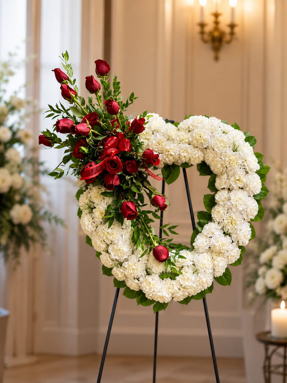 With All My Heart Standing Spray - A heart-shaped standing spray that speaks of lasting devotion and gentle remembrance, perfect as a sympathy or funeral tribute or as a deeply personal expression of love. The white heart of blooms creates a calm, pure backdrop while a sweep of red roses climbs one side, drawing the eye and underscoring the arrangement's emotional center. The design reads formal and heartfelt-the kind of tribute that lets the person you're honoring feel truly seen.  Densely packed white carnations and roses form the heart's body, surrounded by a slim border of fresh green foliage for clean definition. A cluster of red roses cascades along one side, woven with a red satin ribbon that adds a soft sheen and graceful movement. Finished for display on an easel, this arrangement is structured for visibility at memorial services and intimate gatherings.  Made to convey comfort and love, this spray is appropriate for family members, close friends, or a partner-someone you want to honor with a timeless, reverent statement. Standard care is handled by the florist for standing tributes; if you have special delivery or wording requests for a service, include them at checkout so we can ensure the arrangement is placed exactly where you need it.