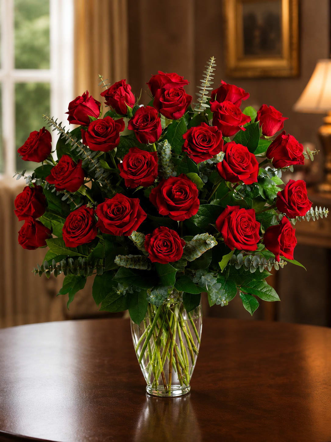 Two Dozen Luxurious Red Velvet Ecuadorian  Roses - A lush dome of rich red Ecuadorian roses makes an unforgettable romantic statement, perfect as an anniversary bouquet, Valentine's Day surprise, or just-because gift to show deep affection. This two-dozen arrangement reads as classic and dramatic-the saturated red heads packed tightly together create a velvet field that says "you are cherished," whether it's Mother's Day, a birthday, a graduation, or to celebrate a new baby.  Each long-stemmed rose is arranged into a rounded, compact silhouette and delivered in a clear glass vase that showcases the elegant vertical lines of the stems and brings a clean, modern contrast to the full bloom top. The intense red blooms paired with fresh green foliage deliver high visual impact and timeless style; size and stem length are designed to create that lush dome pictured. For seasonal gifting around Easter, Christmas, or autumn holidays, or for more somber moments like sympathy and funeral services, these roses carry the right balance of beauty and dignity. Simple care-fresh water, clean vase, and a cool spot away from direct heat-will help the roses open and last longer, ensuring the person you're sending them to feels truly celebrated.