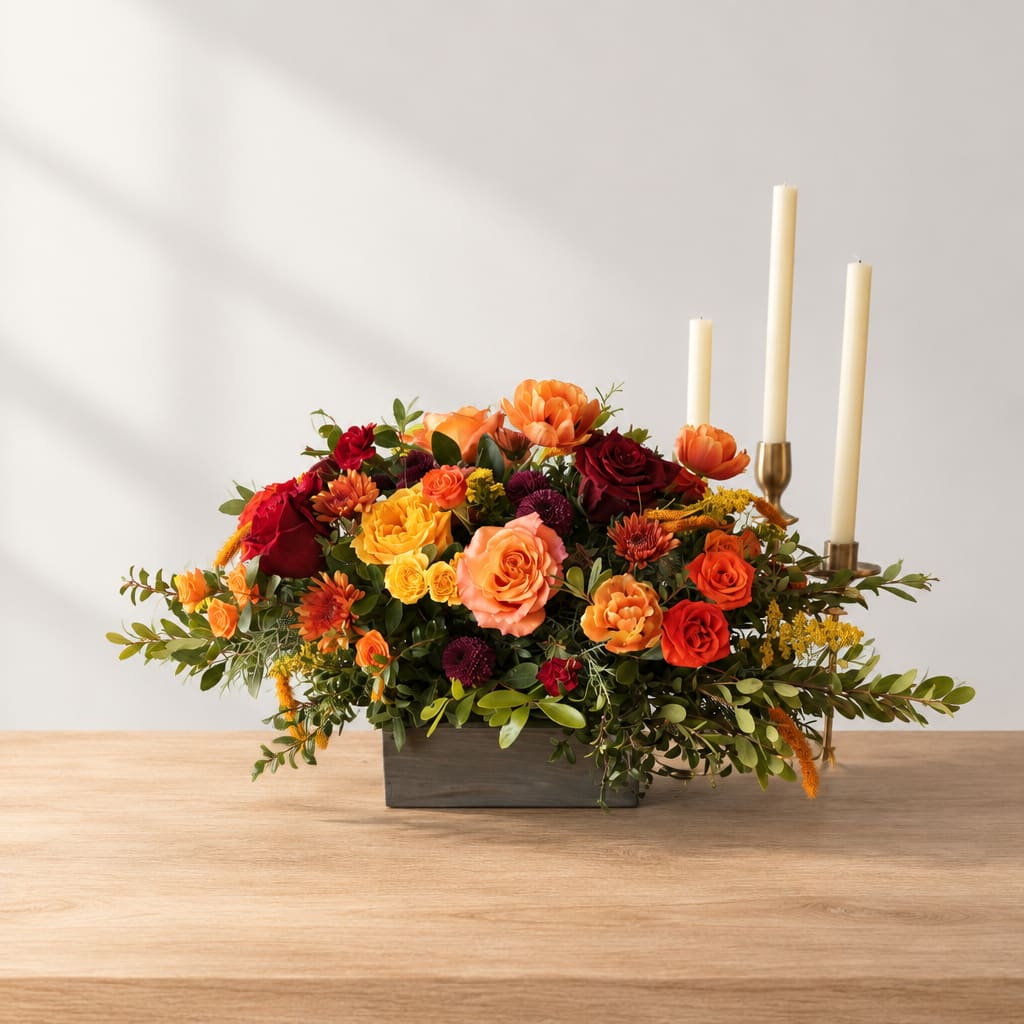 Low floral centerpiece with orange, red, and yellow roses beside three taper candles