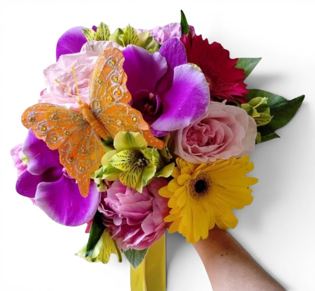 Beautiful Colorful Bouquet Designer's Choice - Beautiful and colorful hand held wrapped bouquet with long flowing ribbons and a cheerful bling butterfly. Gorgeous. Designer's choice. Please visit my beautiful gallery to see my latest designs that I have created for my online customers.