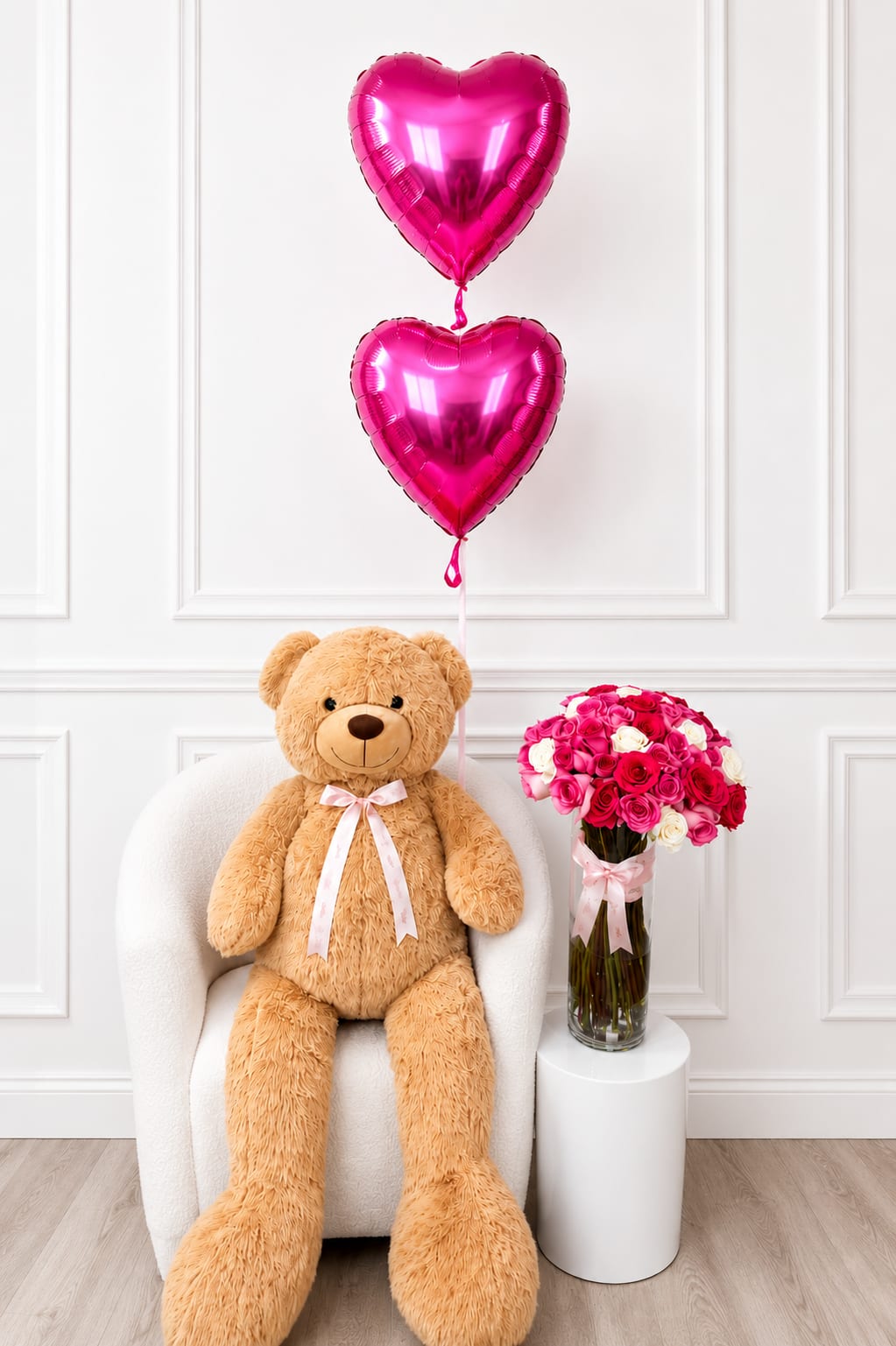 Teddy bear with pink heart balloons and a vase of pink and white roses