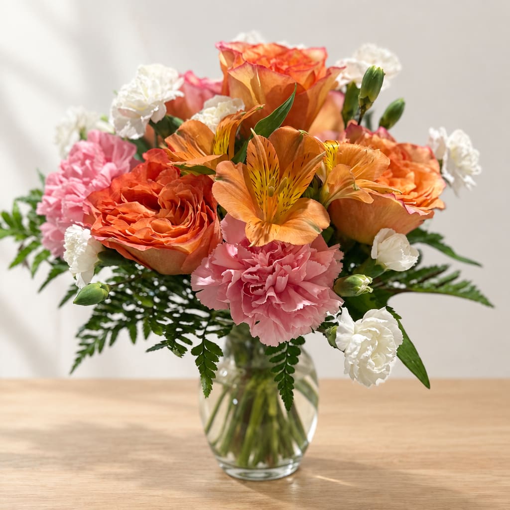Orange and pink bouquet in a clear glass vase