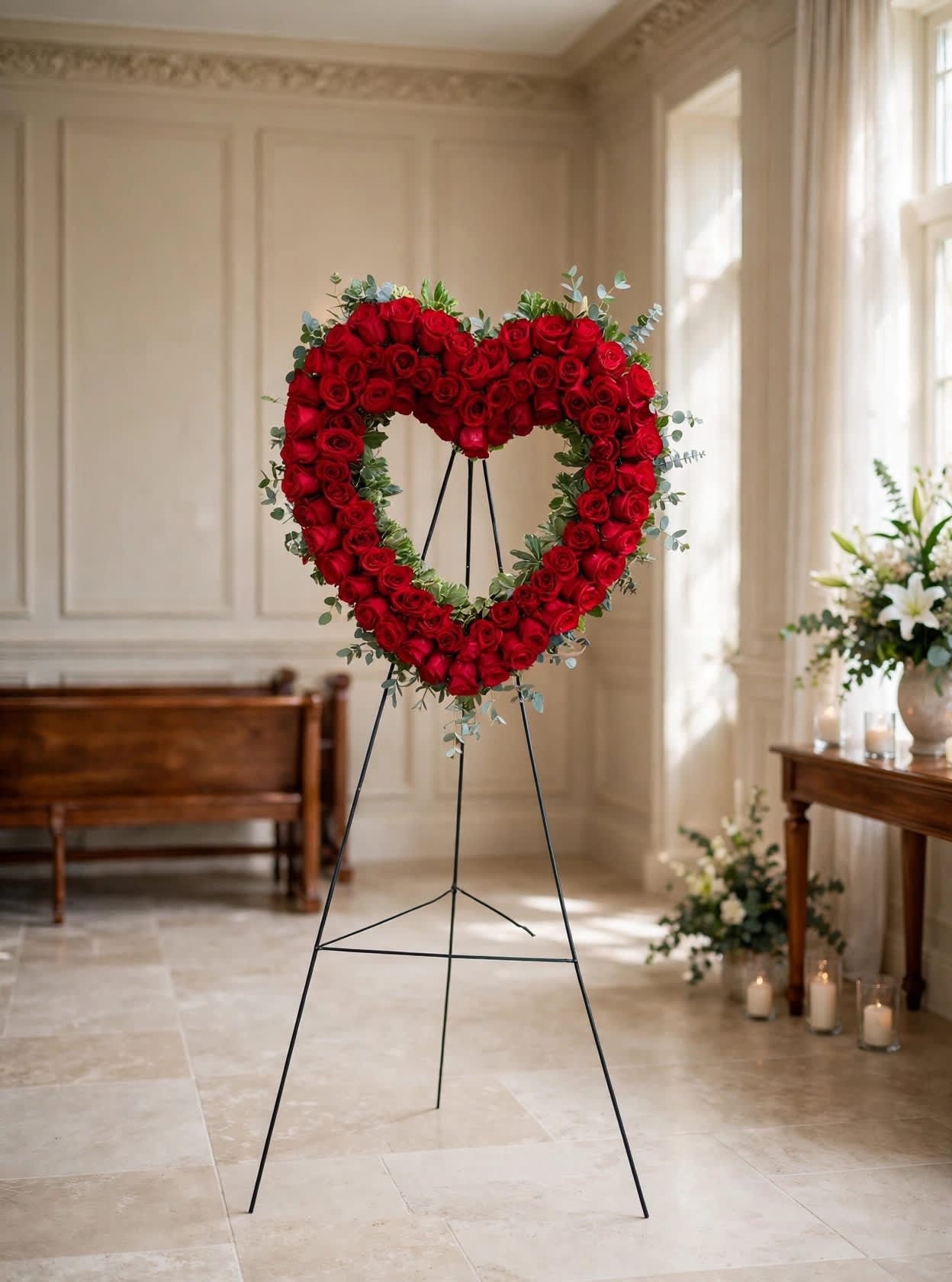 Heart-shaped red rose wreath on a stand in a bright room
