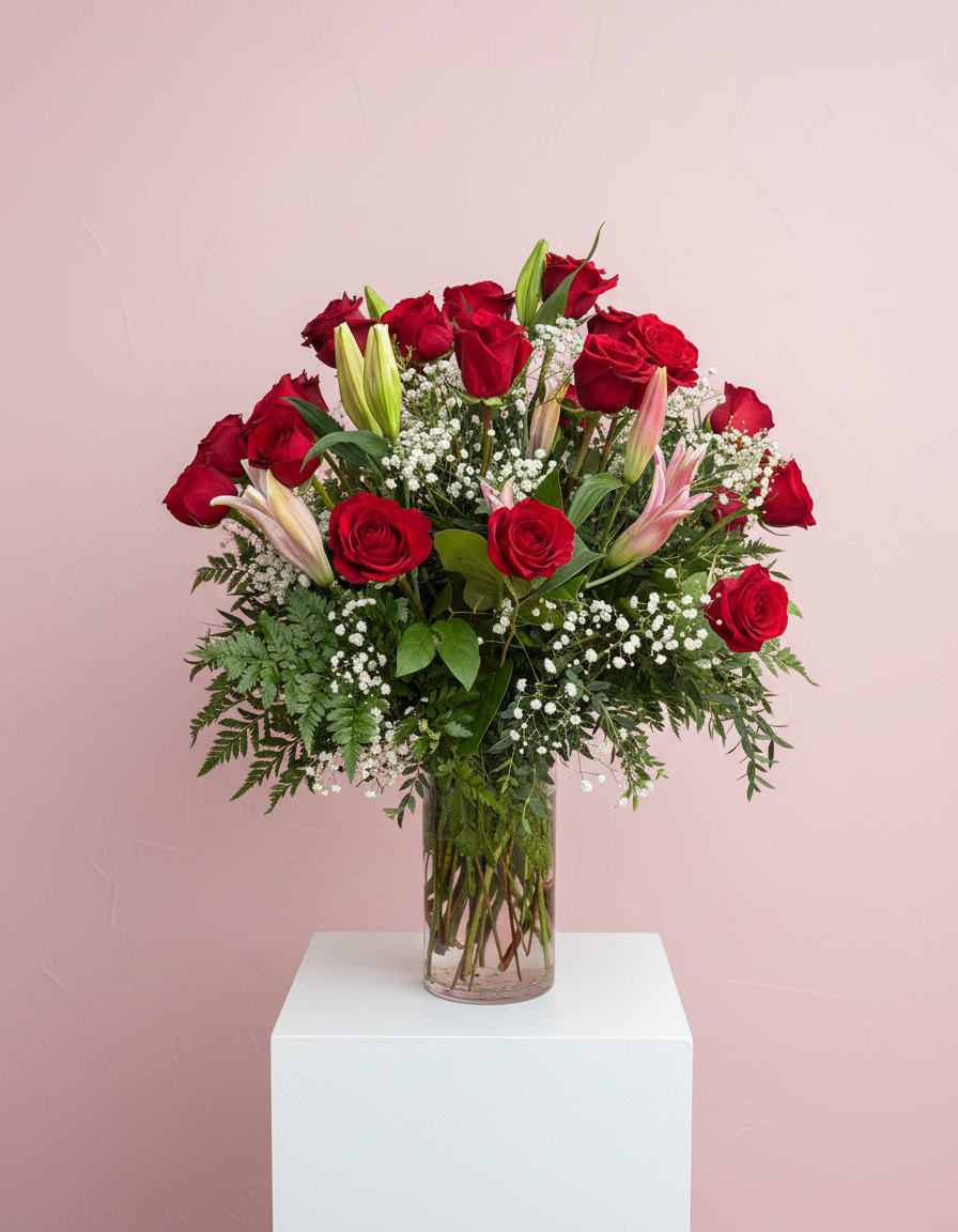 Red roses and lilies arranged in a clear glass vase